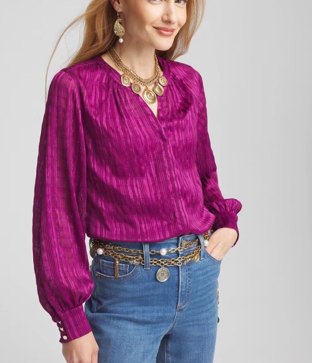 NEW Chico's Split Neck Crinkle Blouse Magenta Purple Shimmer Long Sleeve Sz 16